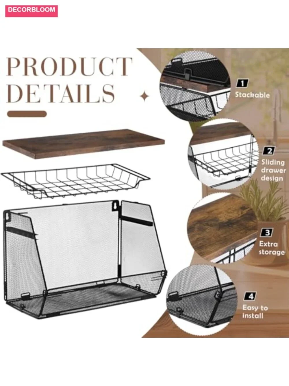 2 Pc Stackable Mesh Fruit Basket Wood Lid Pull-Out Drawer Kitchen Storage